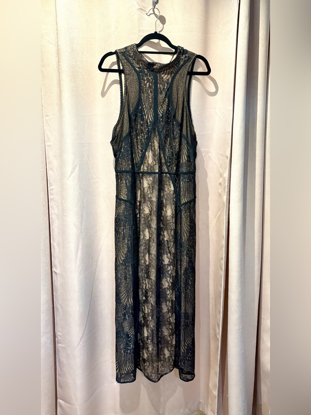 Anthropologie Black Lace Midi Dress with Sheer Overlay